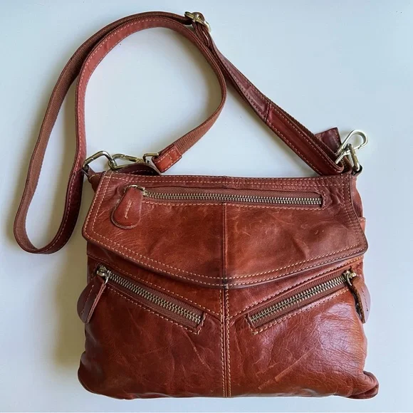 Genuine Leather Cognac Slouchy Hobo Multi Zip/Compartment Crossbody Bag - Picture 2 of 10